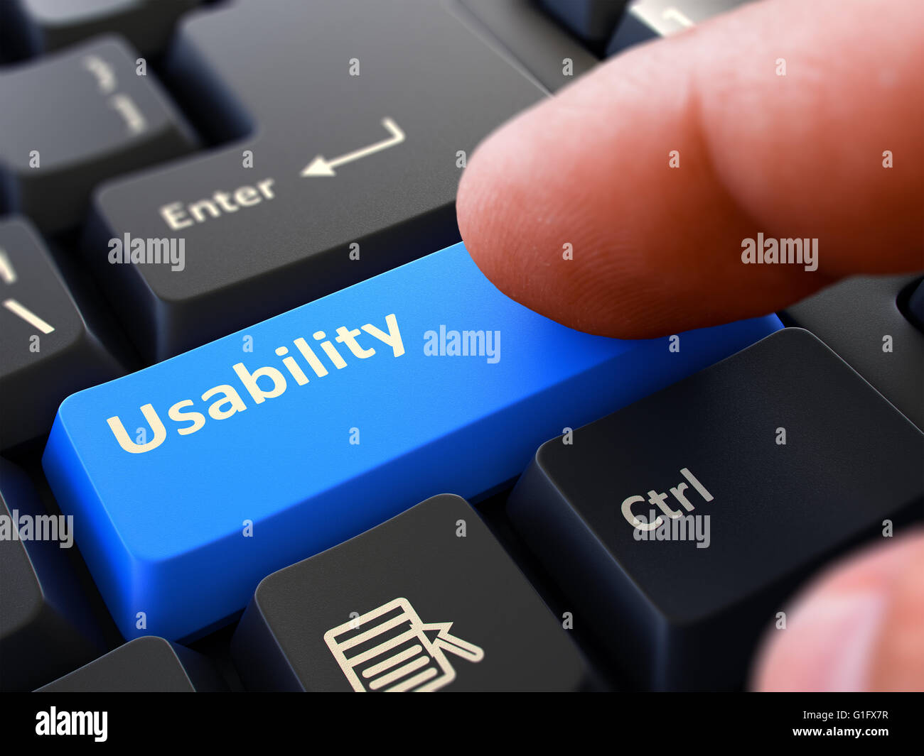 Finger Presses Blue Keyboard Button Usability. Stock Photo