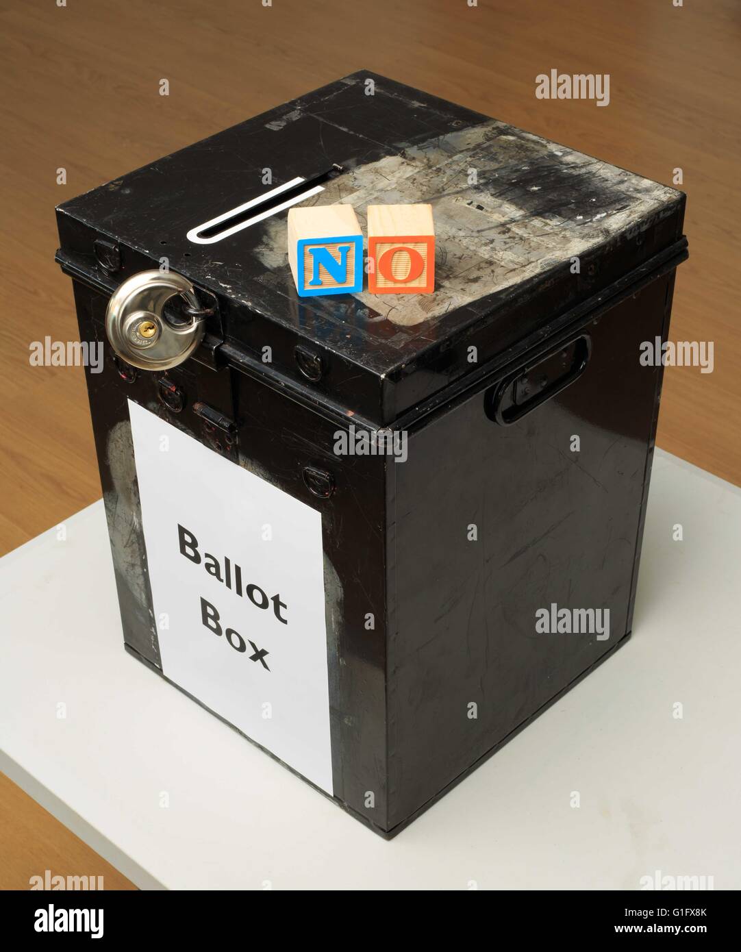 UK ballot box and childs' ABC blocks stating "No" in reference to a vote. Stock Photo