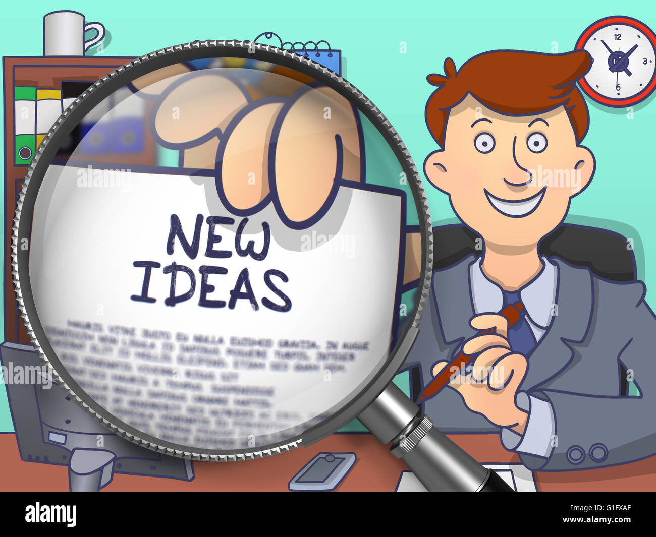 New Ideas through Magnifying Glass. Doodle Style. Stock Photo
