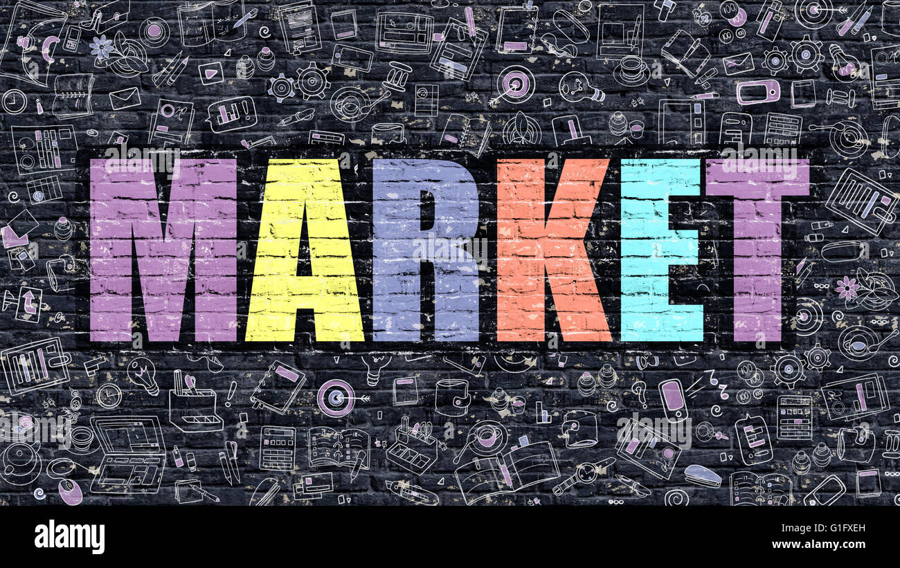 Multicolor Market on Dark Brickwall. Doodle Style. Stock Photo