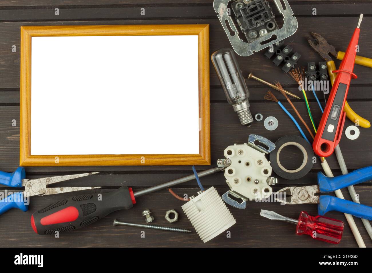 Clutter on the workbench. Tools, electronics repairman. Repair of