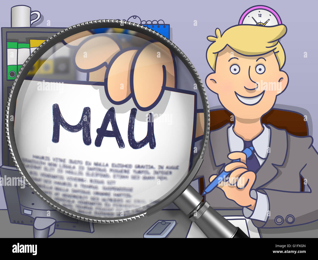 MAU through Magnifier. Doodle Design. Stock Photo