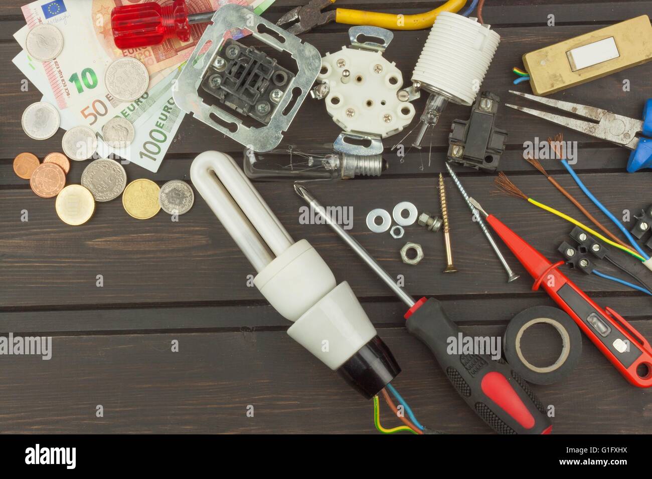 Clutter on the workbench. Tools, electronics repairman. Repair of