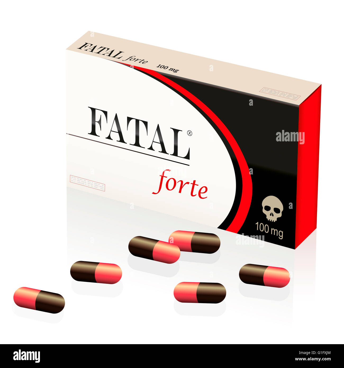 Fatal, lethal, deadly pills, symbolized by a fake medicine packet named FATAL FORTE with a skull as brand logo on it. Stock Photo