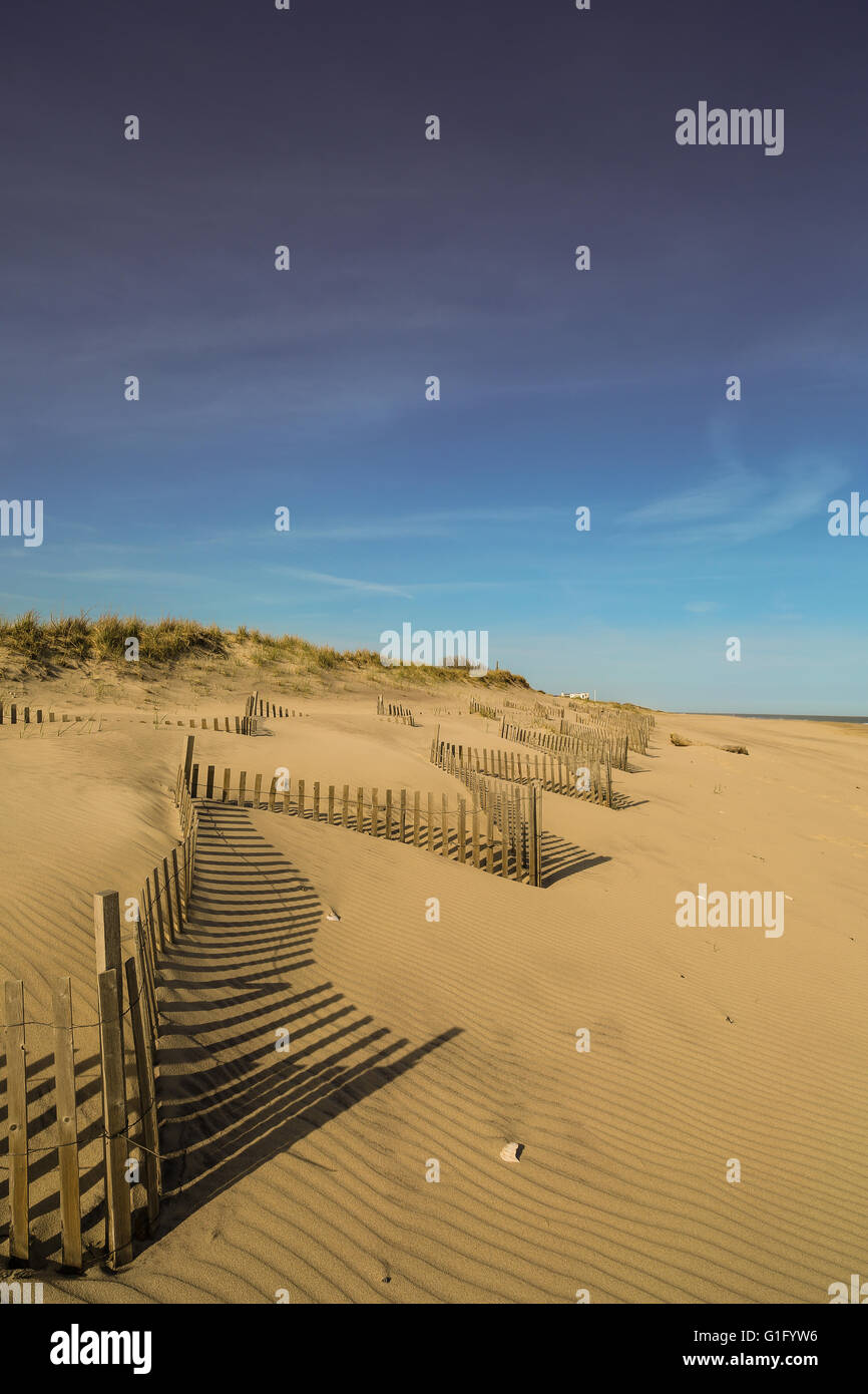 ocean beach landscape consisting of sand and beach fencing Stock Photo