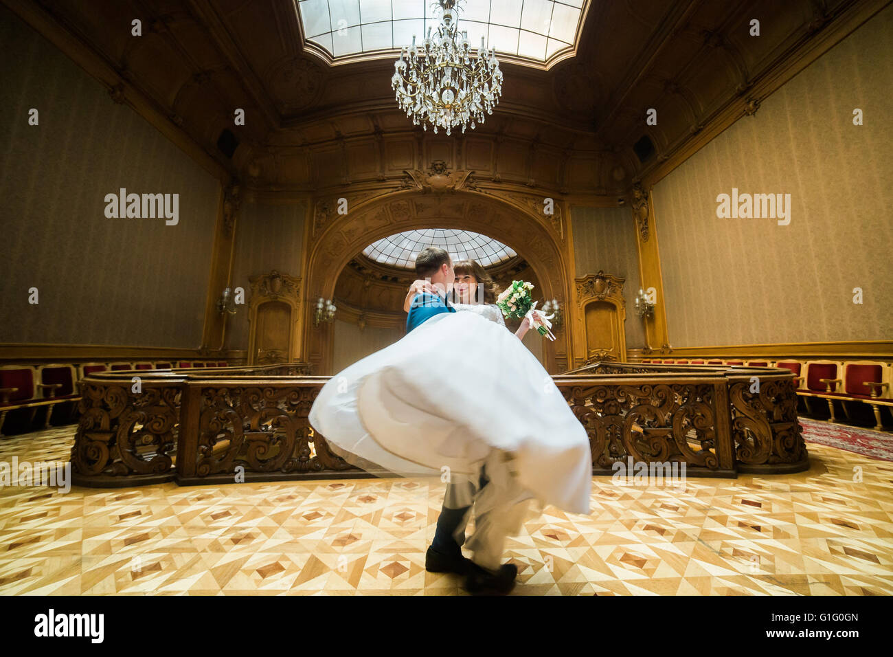 Elegant Wedding Couple Dancing At Vintage House In The Front Of