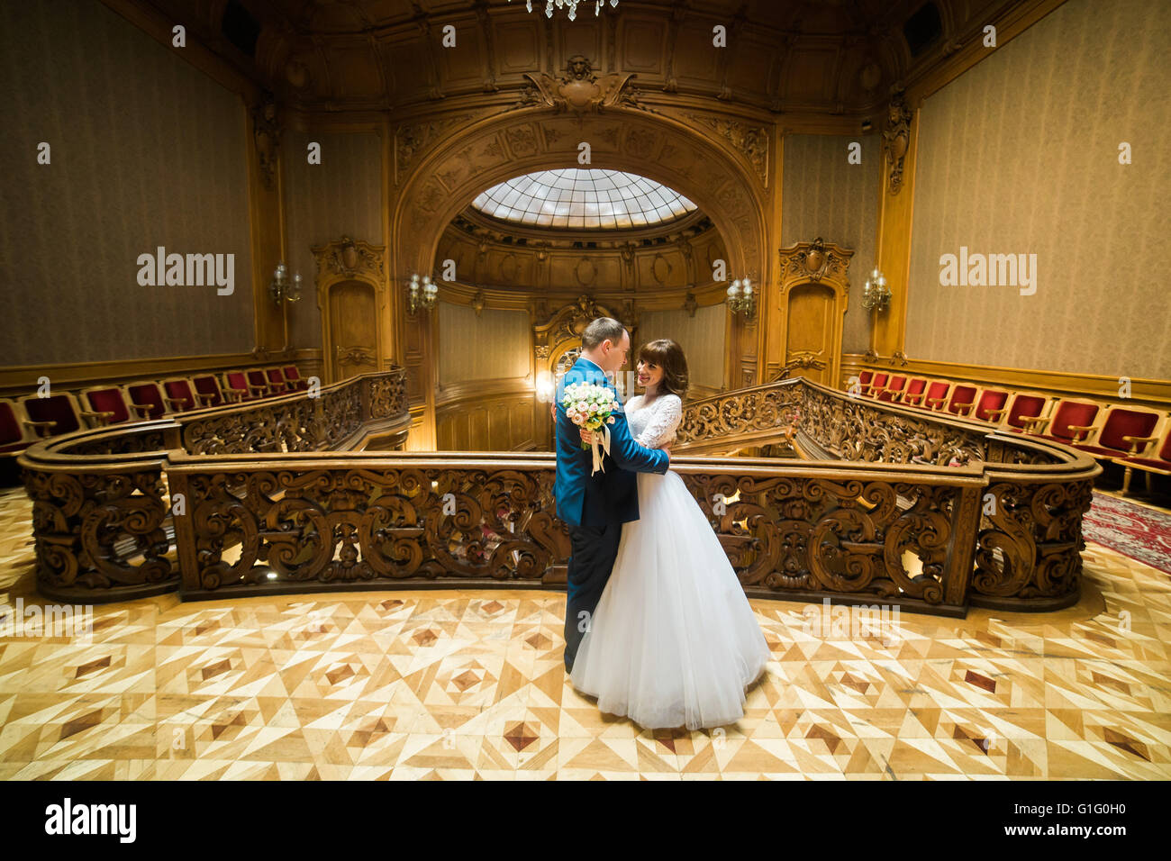 Elegant Wedding Couple Dancing At Vintage House In The Front Of