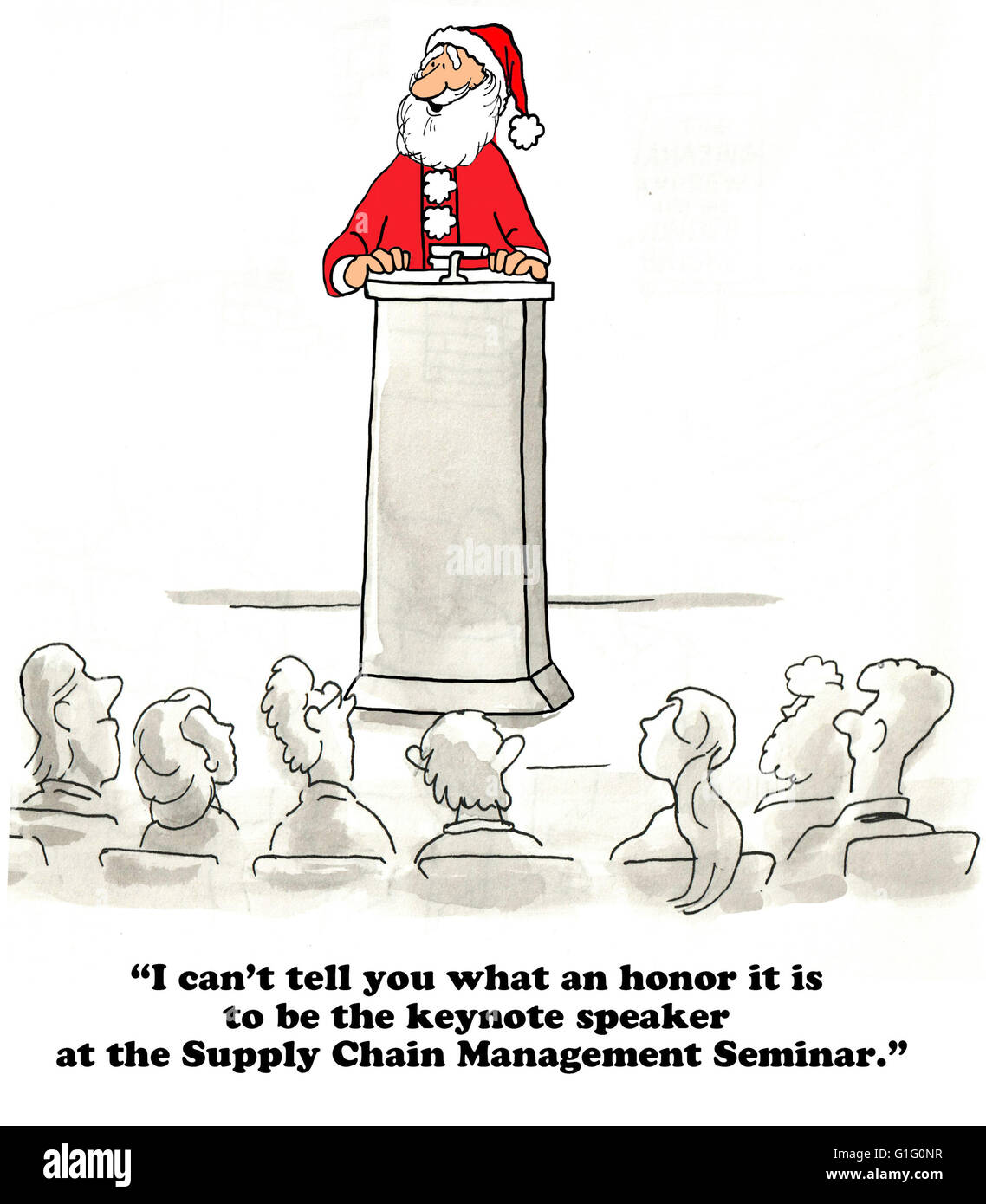 Christmas Cartoon About Santa Speaking To The Supply Chain Audience 
