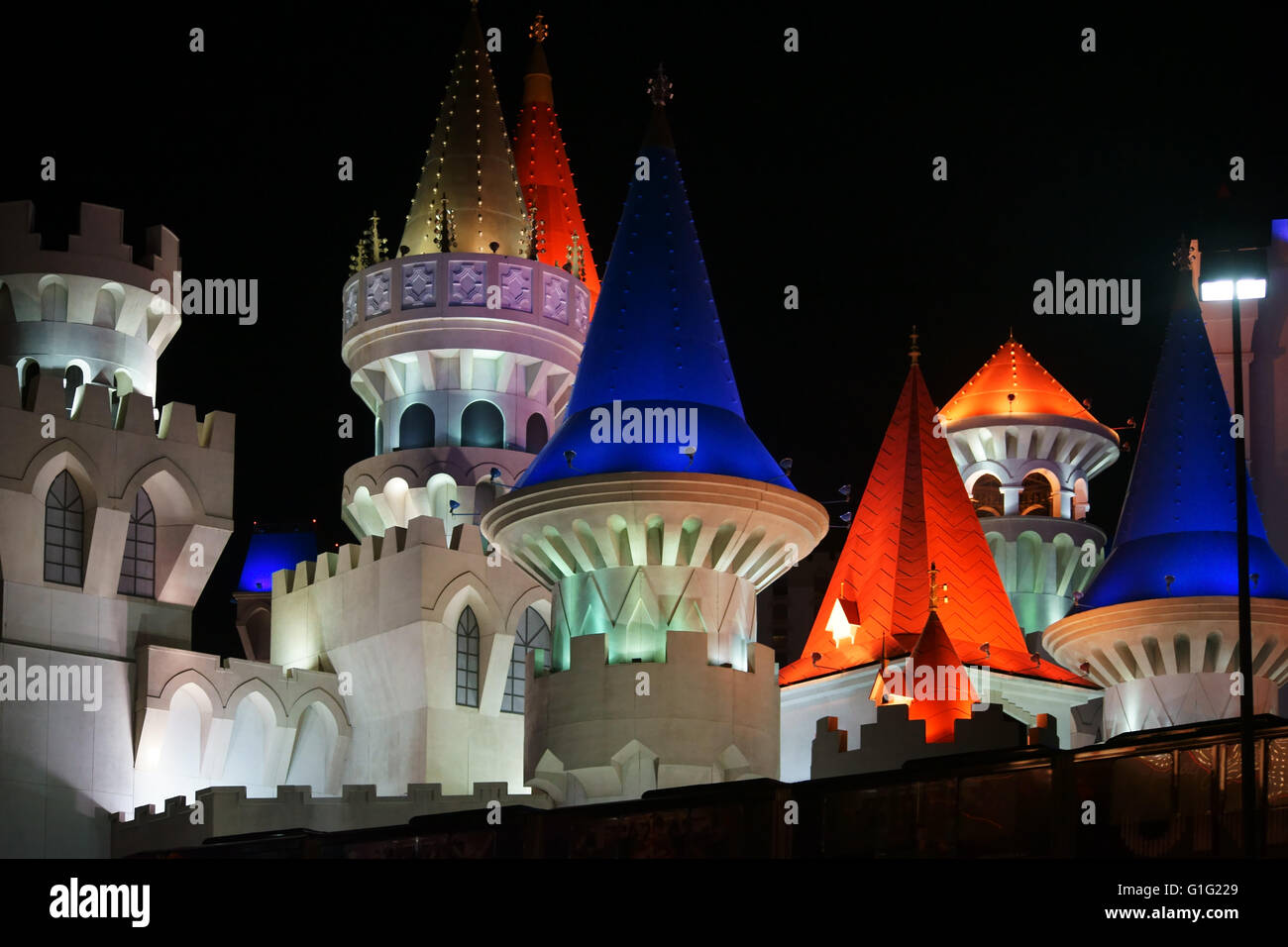 Towers of Excalibur at night Stock Photo