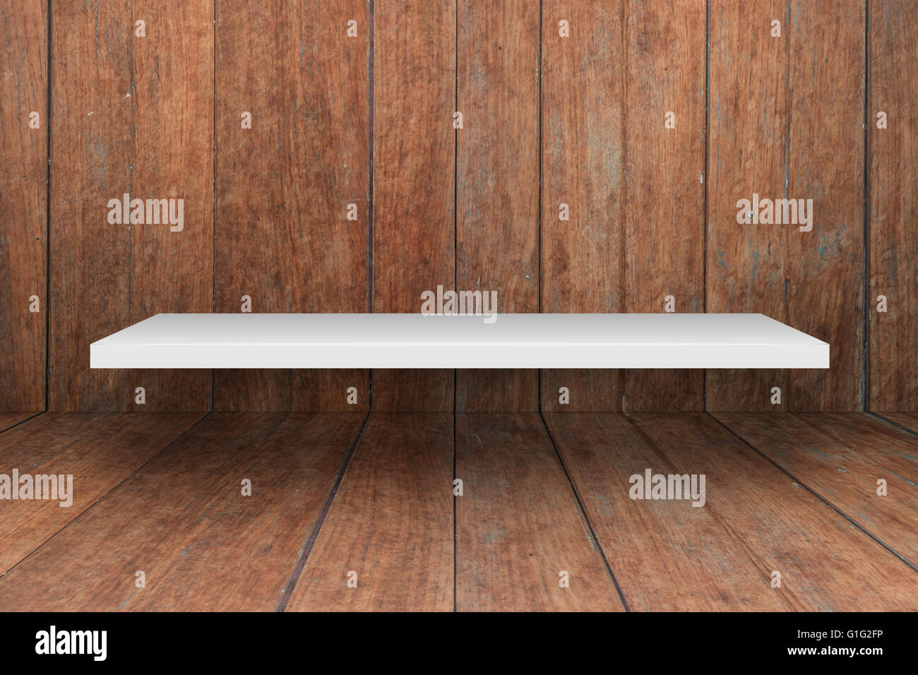 White shelf on wooden interior texture background, stock photo Stock Photo