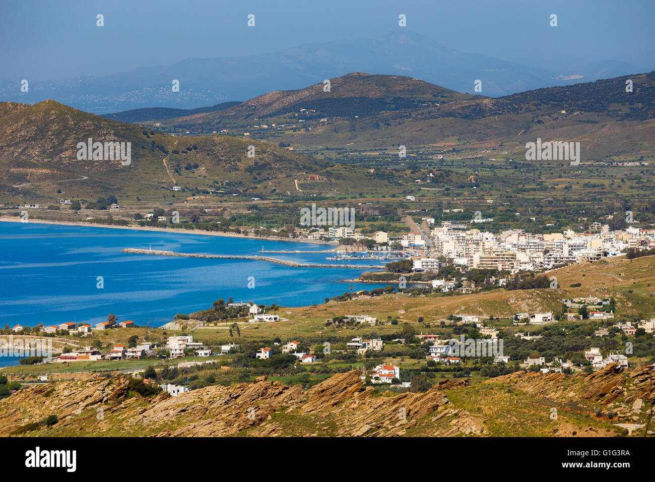 Karystos city landscape against blue sea and sky, Evia, Greece Stock Photo  - Alamy