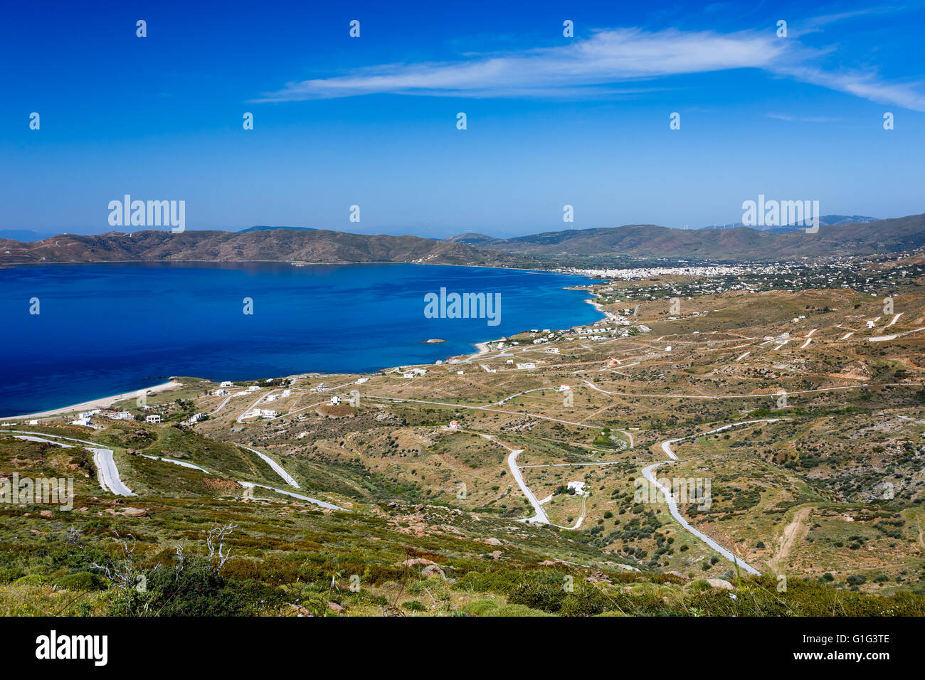 Karystos city landscape against blue sea and sky, Evia, Greece Stock Photo