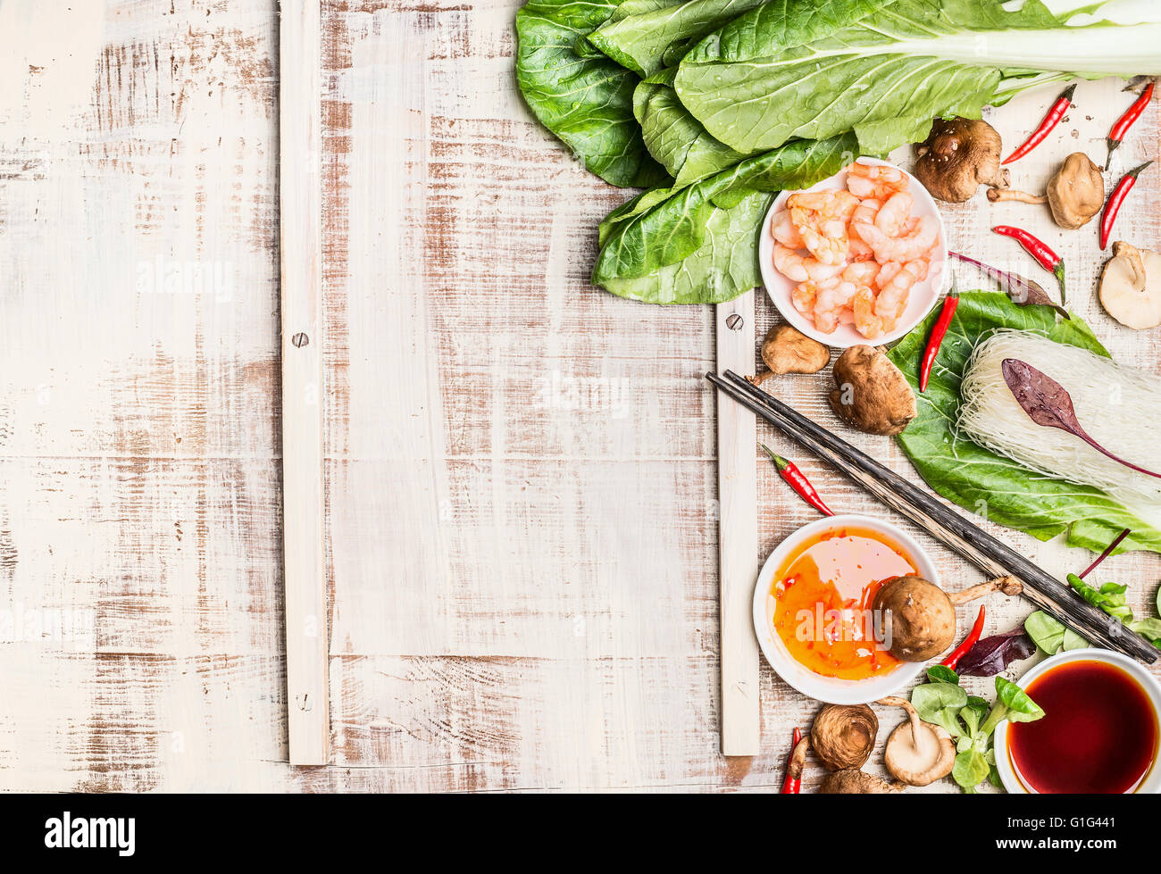 Chinese or Thai food background with Asian cooking ingredients, light