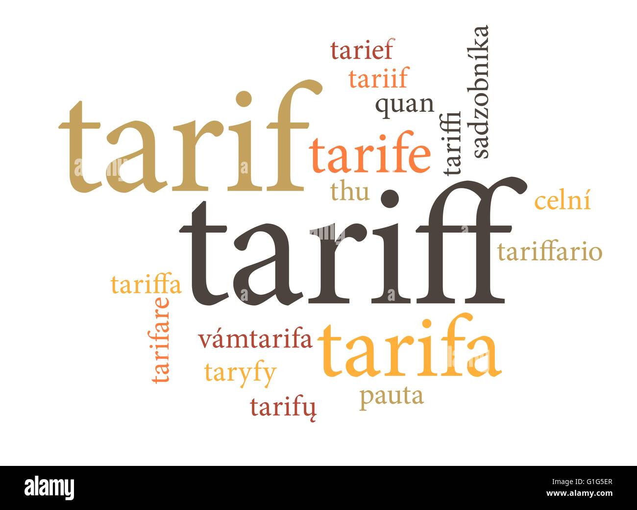 term of tariff in multi languages of word clouds. isolated on white background. Stock Vector