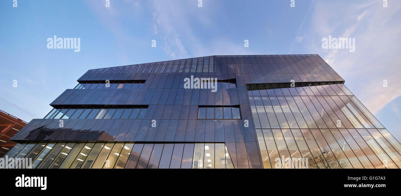Panoramic facade viewed from below. Graphene Institute, University of Manchester, Manchester, United Kingdom. Architect: Jestico + Whiles, 2015. Stock Photo