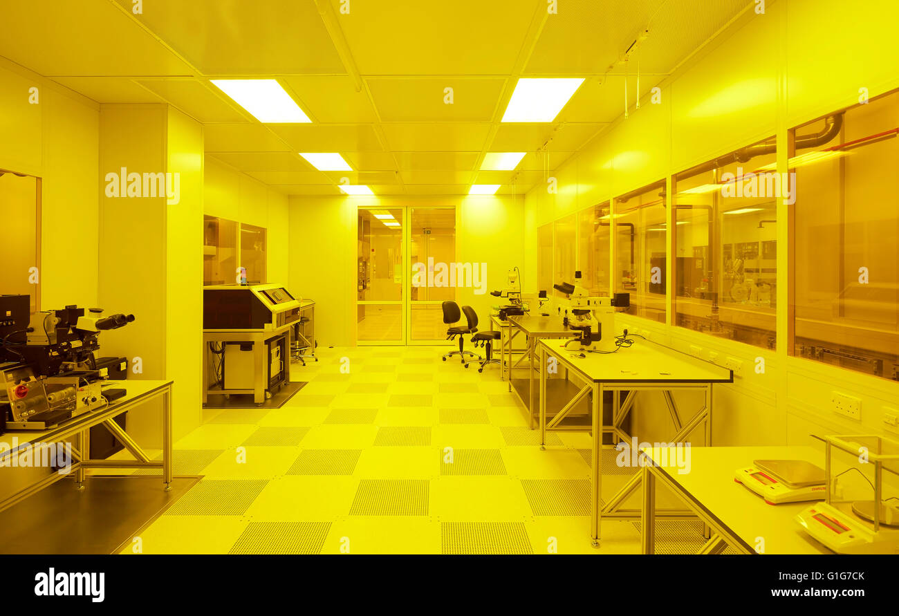 Basement laboratory doused in yellow light. Graphene Institute