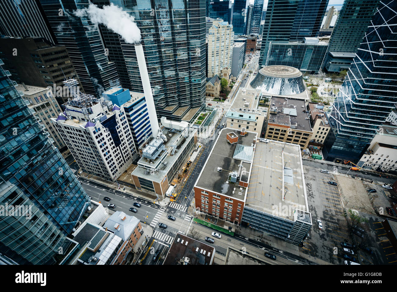 View of buildings along Simcoe Street and Adelaide Street, in downtown Toronto, Ontario. Stock Photo