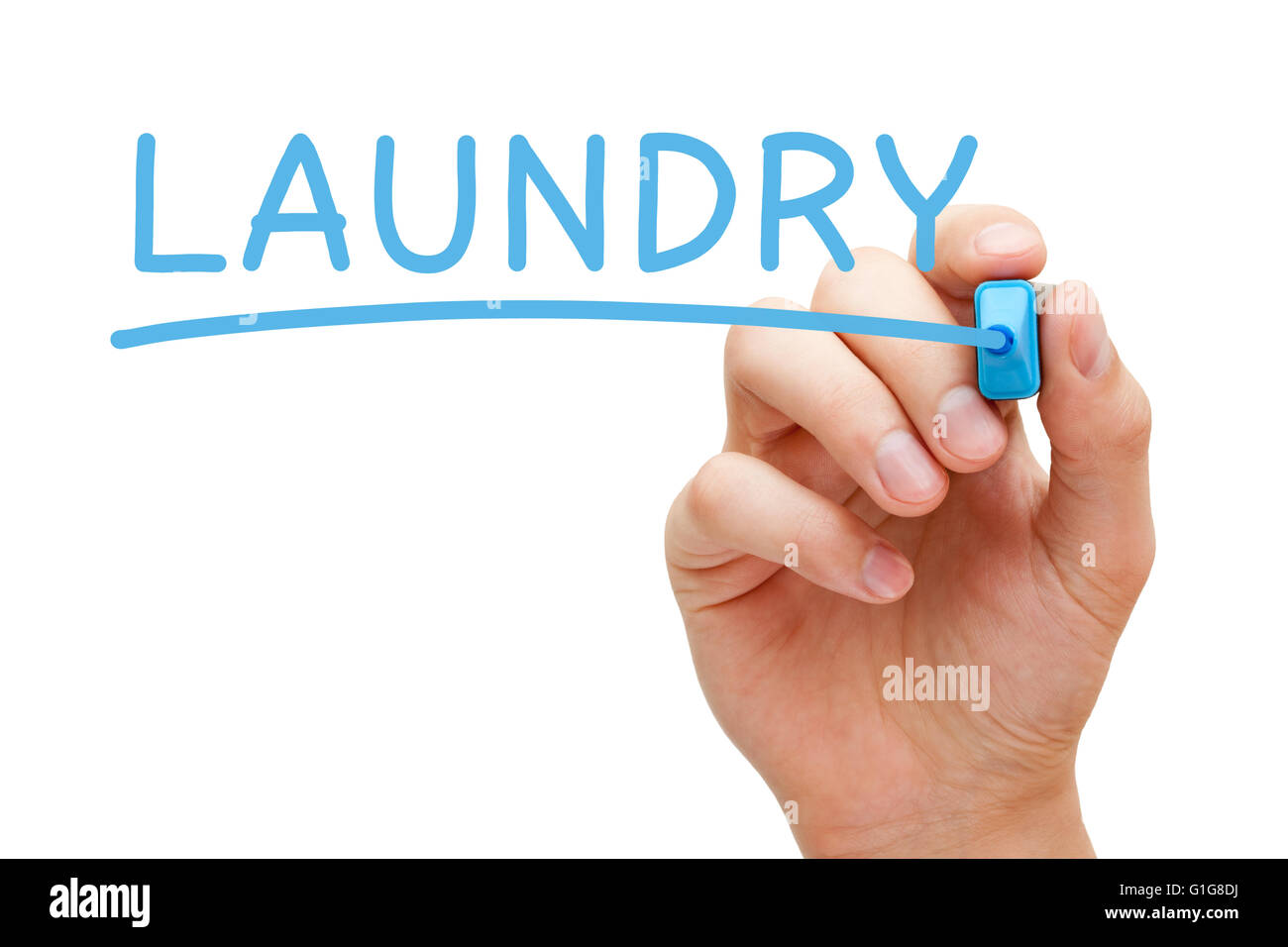 Hand writing Laundry with blue marker on transparent wipe board. Stock Photo