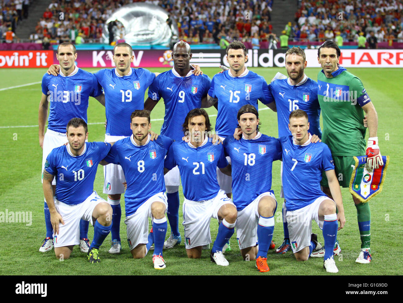 Italy national football team pose for a group photo before UEFA EURO 2012 Final game against Spain at Olympic stadium in Kyiv Stock Photo