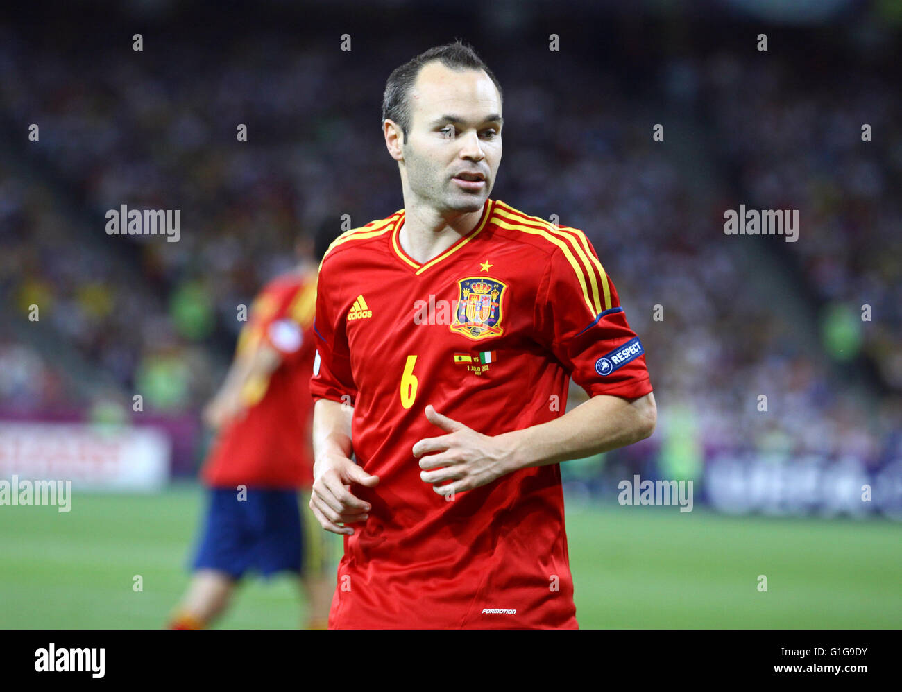 KYIV, UKRAINE - JULY 1, 2012: Portrait of Andres Iniesta of Spain during UEFA EURO 2012 Final game against Italy at Olympic stadium in Kyiv, Ukraine Stock Photo