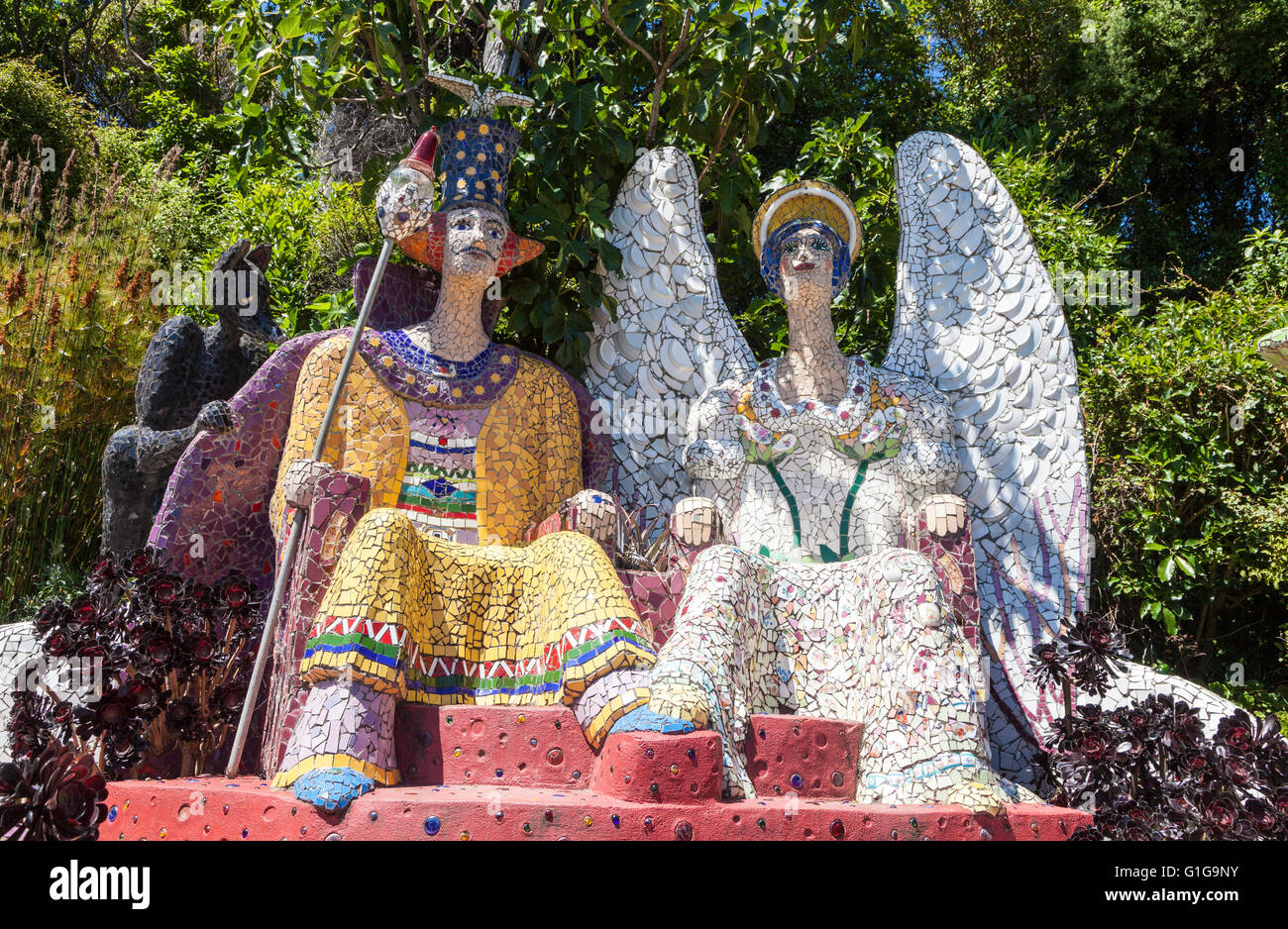 Mosaic sculptures at The Giant's House, Akaroa, New Zealand Stock Photo