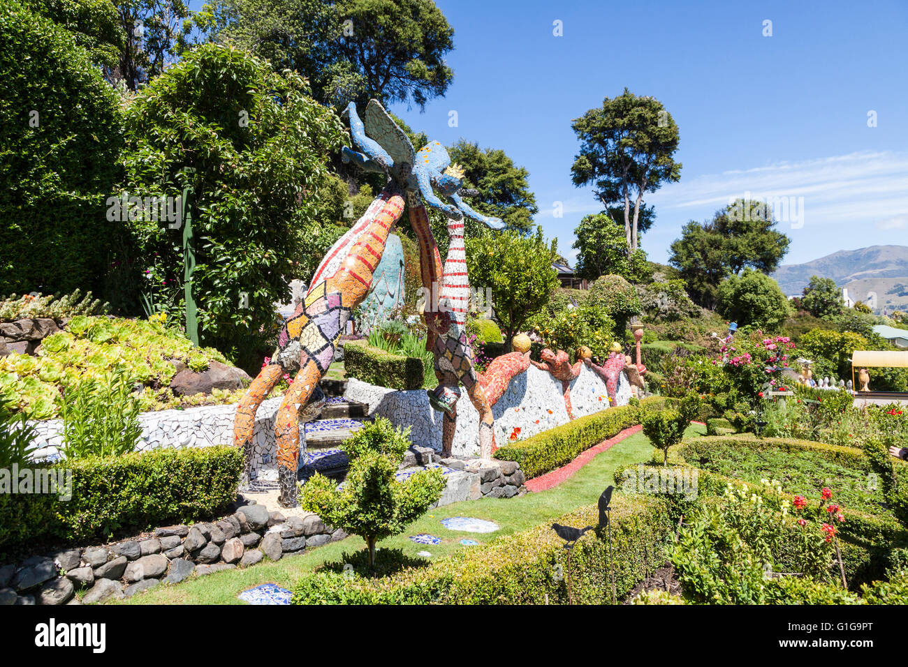 Mosaic sculptures in the gardens of The Giant's House, Akaroa, New