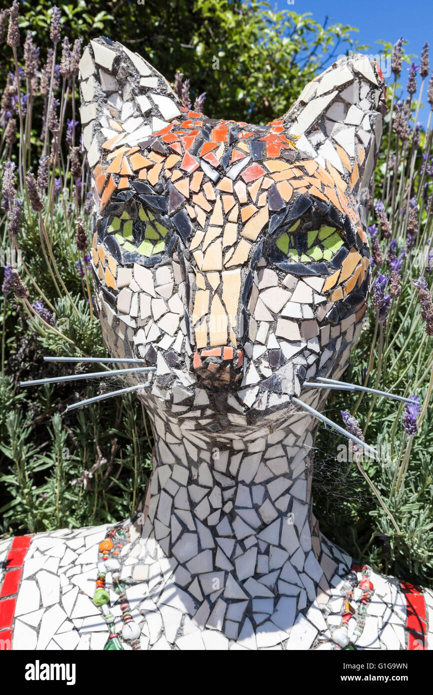 Mosaic sculpture of a cat at The Giant's House, Akaroa, New Zealand