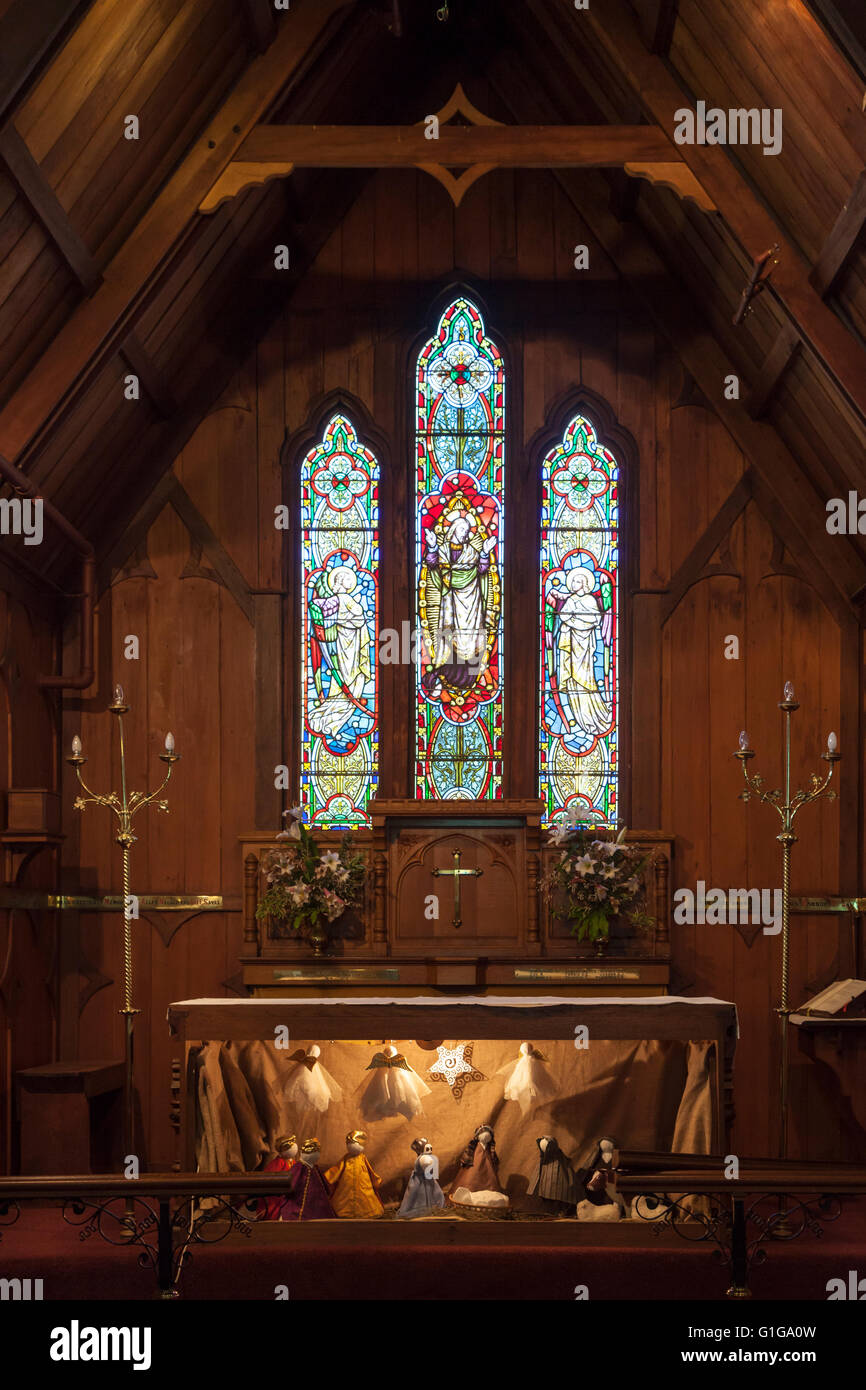 Altar and stained glass windows at St Peters Anglican Church, Akaroa ...