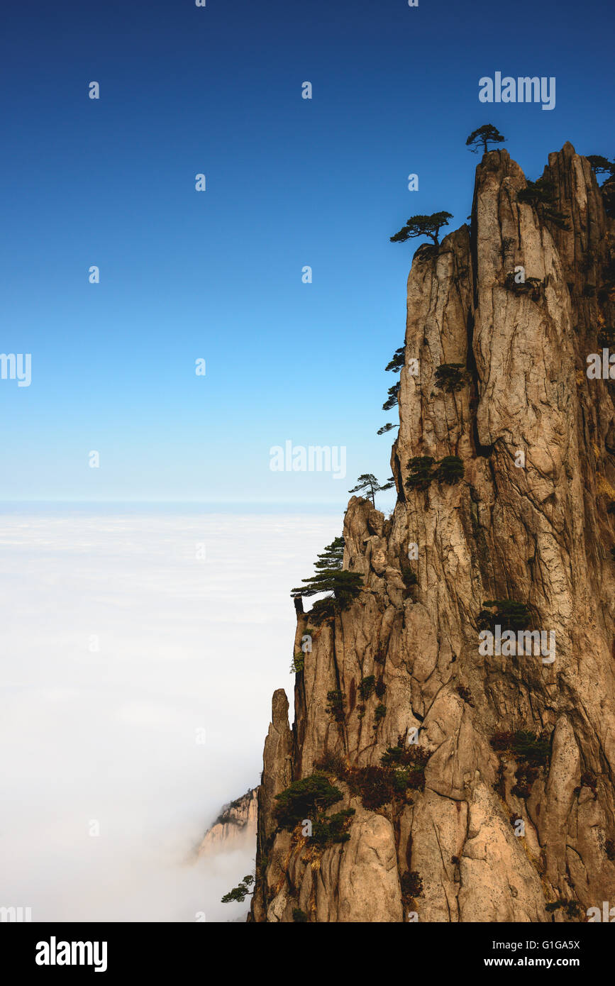 One of hundreds of peaks surrounding the summit of Huangshan Mountain in China Stock Photo
