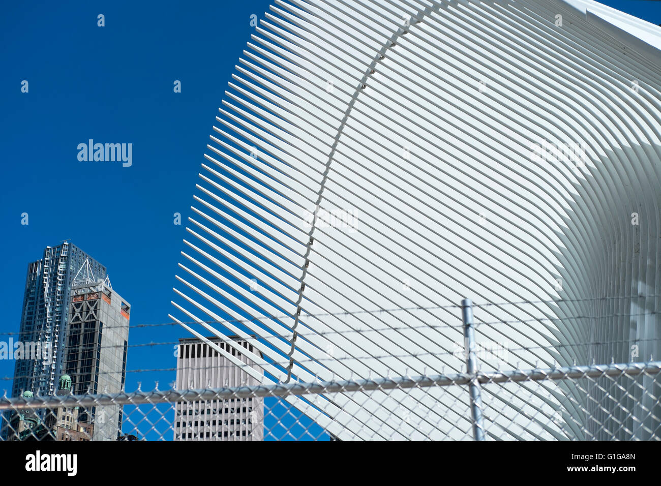 Brilliant white detail of the World Trade Center Transportation Hub building against a bright blue sky Stock Photo