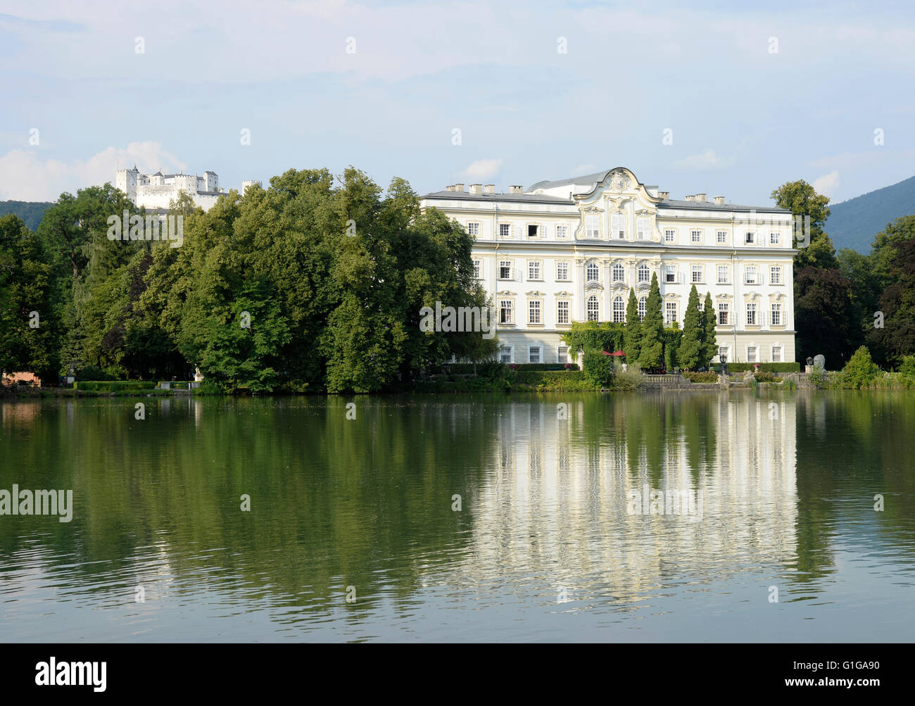Leopoldskon Palace with the castle Hohensalzburg, Salzburg, Austria Stock Photo