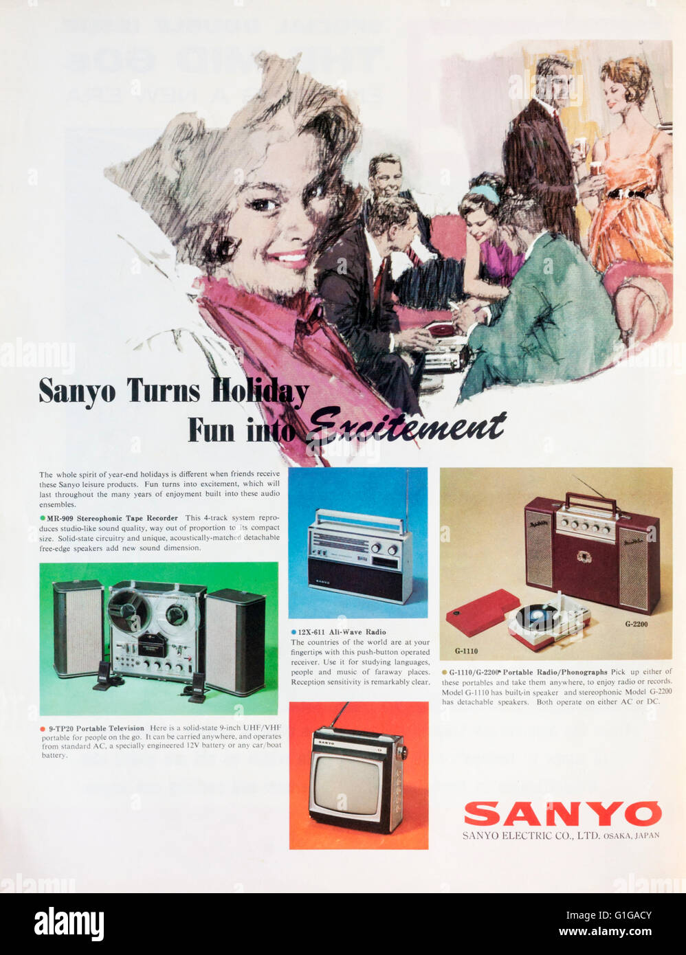 1960s magazine advertisement advertising Sanyo electronic equipment. Stock Photo