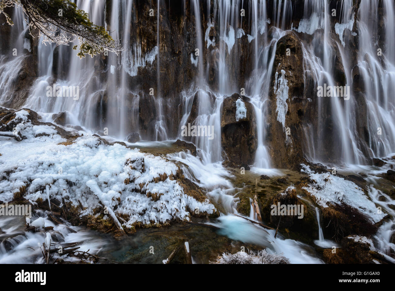 One of the many waterfalls at the Jiuzhaigou nature reserve in northern Sichuan Province Stock Photo