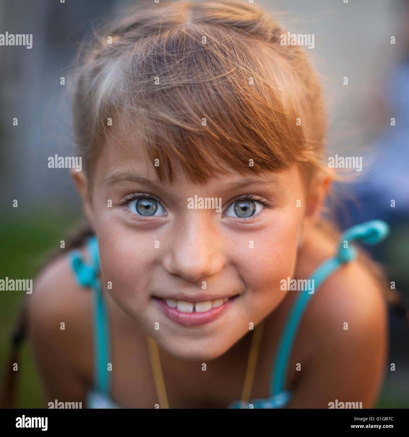 Closeup portrait of a playful cute little girl. Stock Photo