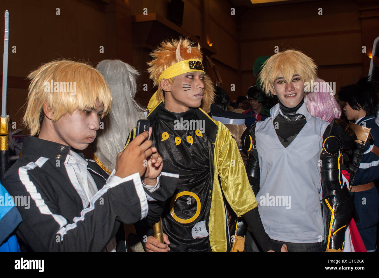 Indonesians wear cosplay during Japan Pop Fest in Makassar on May 7, 2016. The festival become a gathering for the fan of Japane Stock Photo