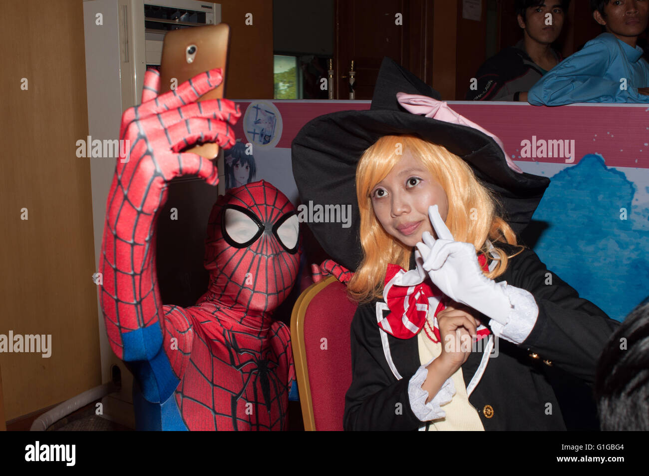 Indonesians wear cosplay during Japan Pop Fest in Makassar on May 7, 2016. The festival become a gathering for the fan of Japane Stock Photo