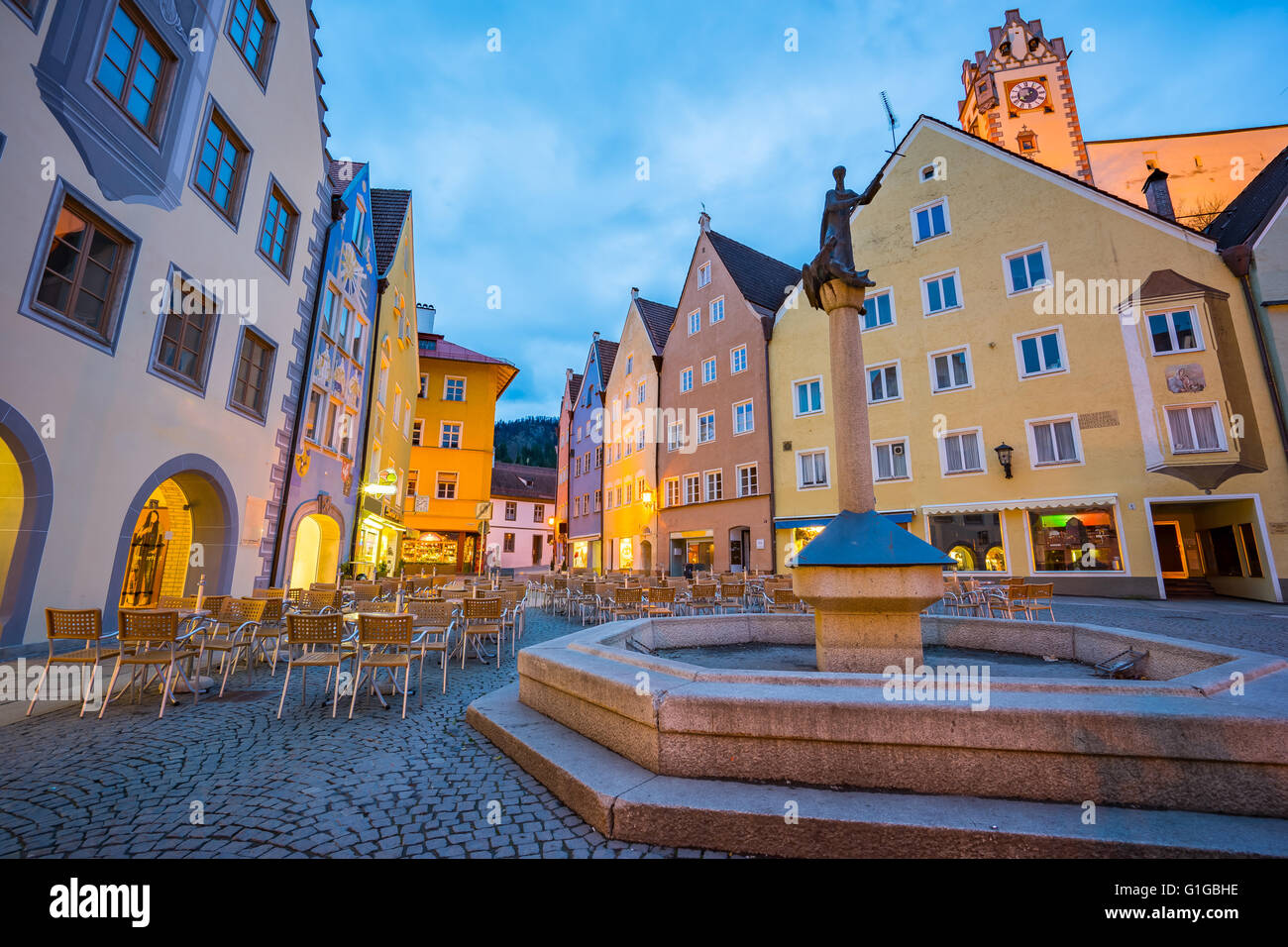 Fussen town at night in Bavaria, Germany. Stock Photo