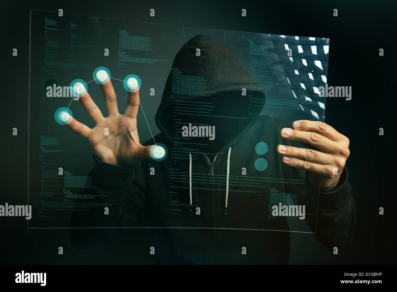 Fingerprint identification app on futuristic tablet computer device