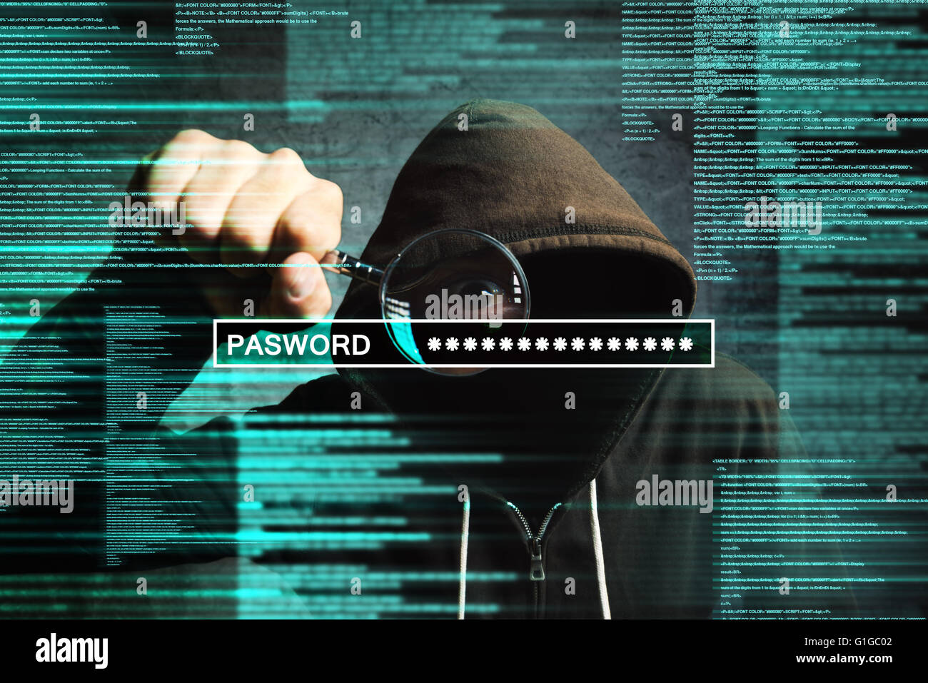 Hooded computer hacker with magnifying glass stealing internet password, online security concept. Stock Photo
