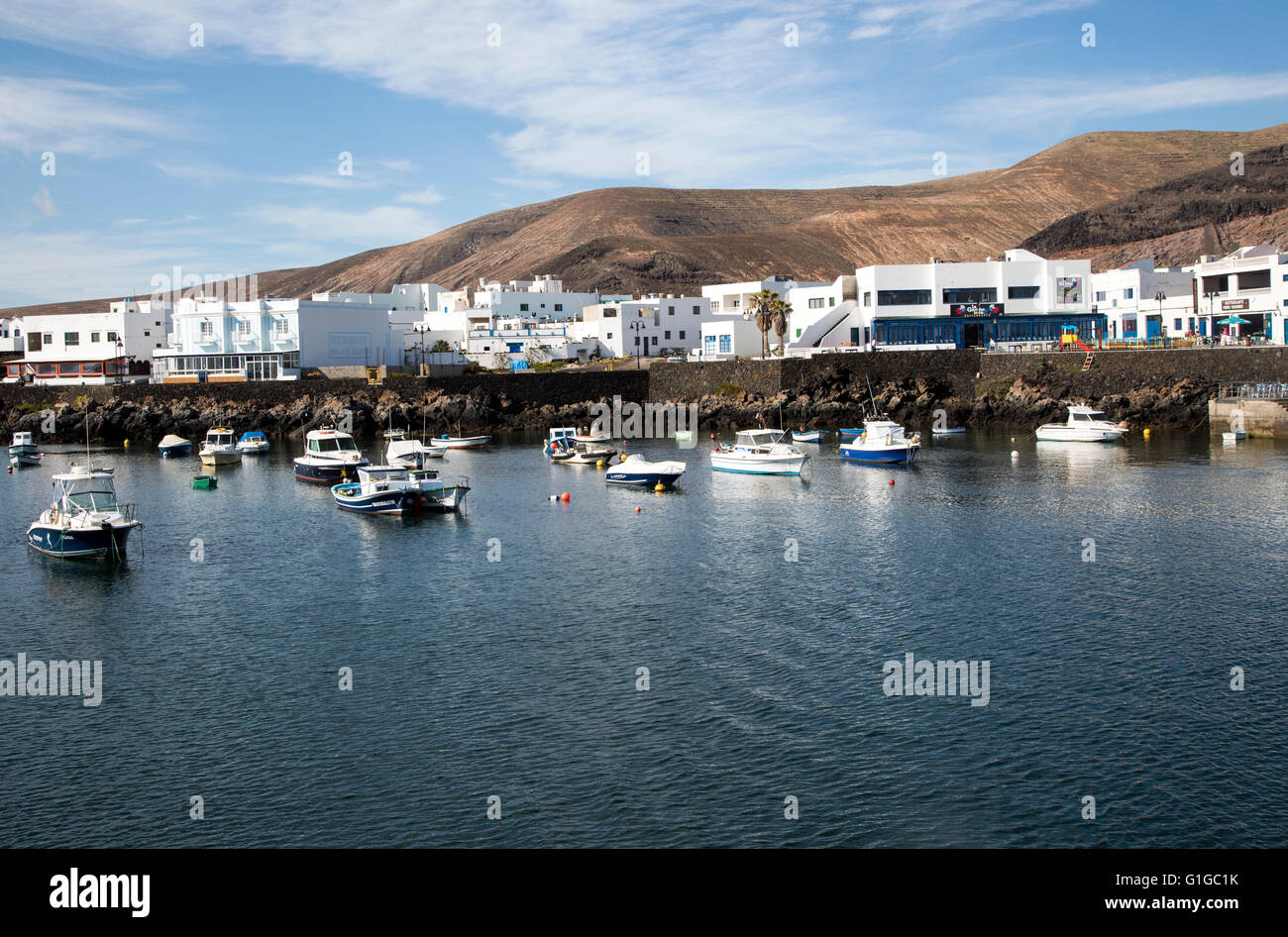 Harbour and white houses in the fishing village of Orzola, Lanzarote