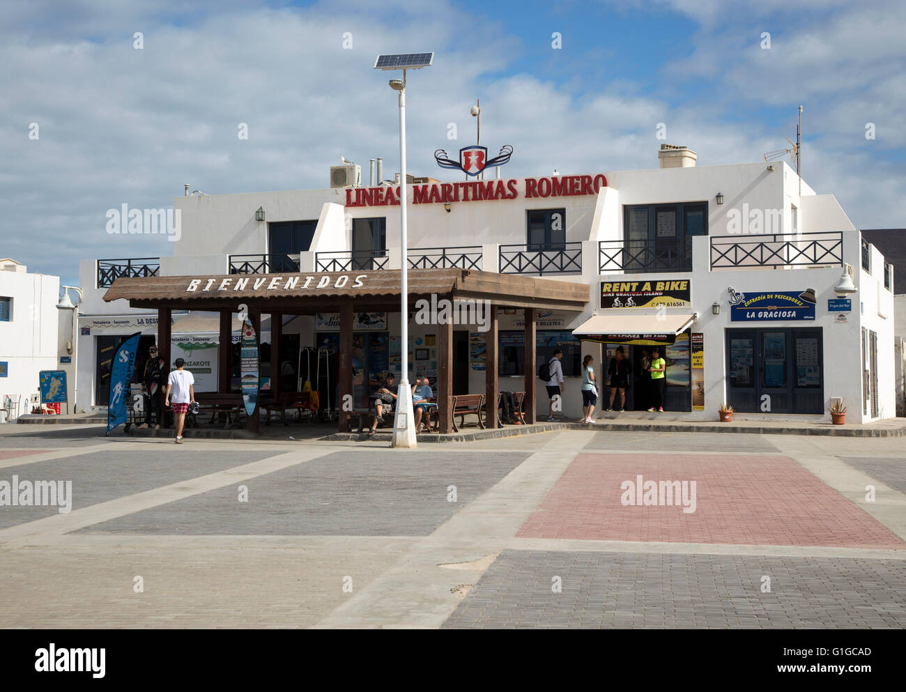 Lineas Maritima Romero ferry ticket booking office, Caleta de Sebo village,  La Isla Graciosa, Lanzarote, Canary Islands, Spain Stock Photo