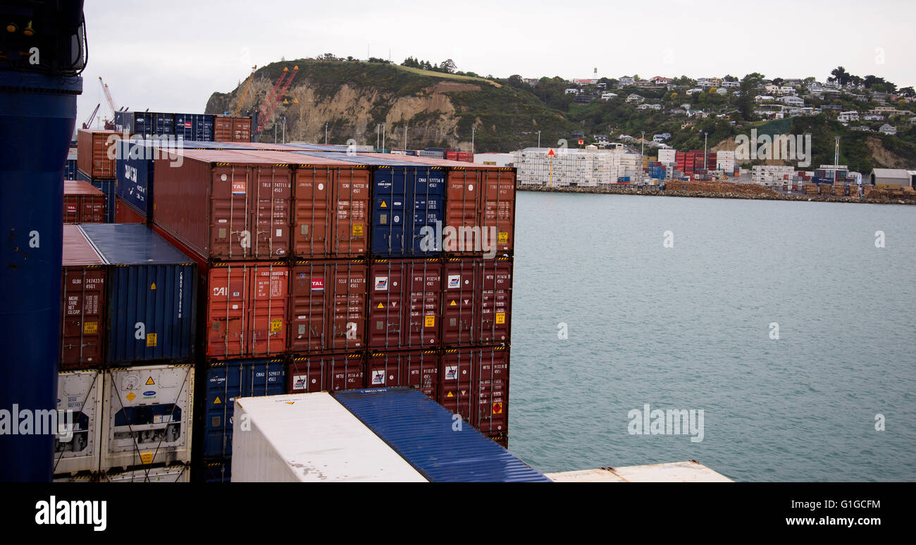 View of Rock of Gibraltar and Port from CC Corte Real Container ship en route across the bay to Port of Algeciras in Spain. Stock Photo