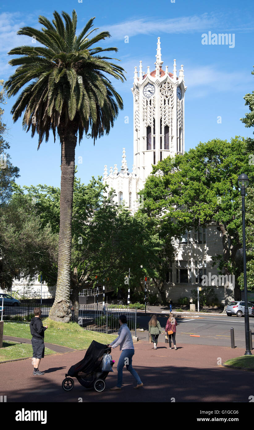 Clock Tower of University of Auckland view from Albert Park across Princes Street. Stock Photo