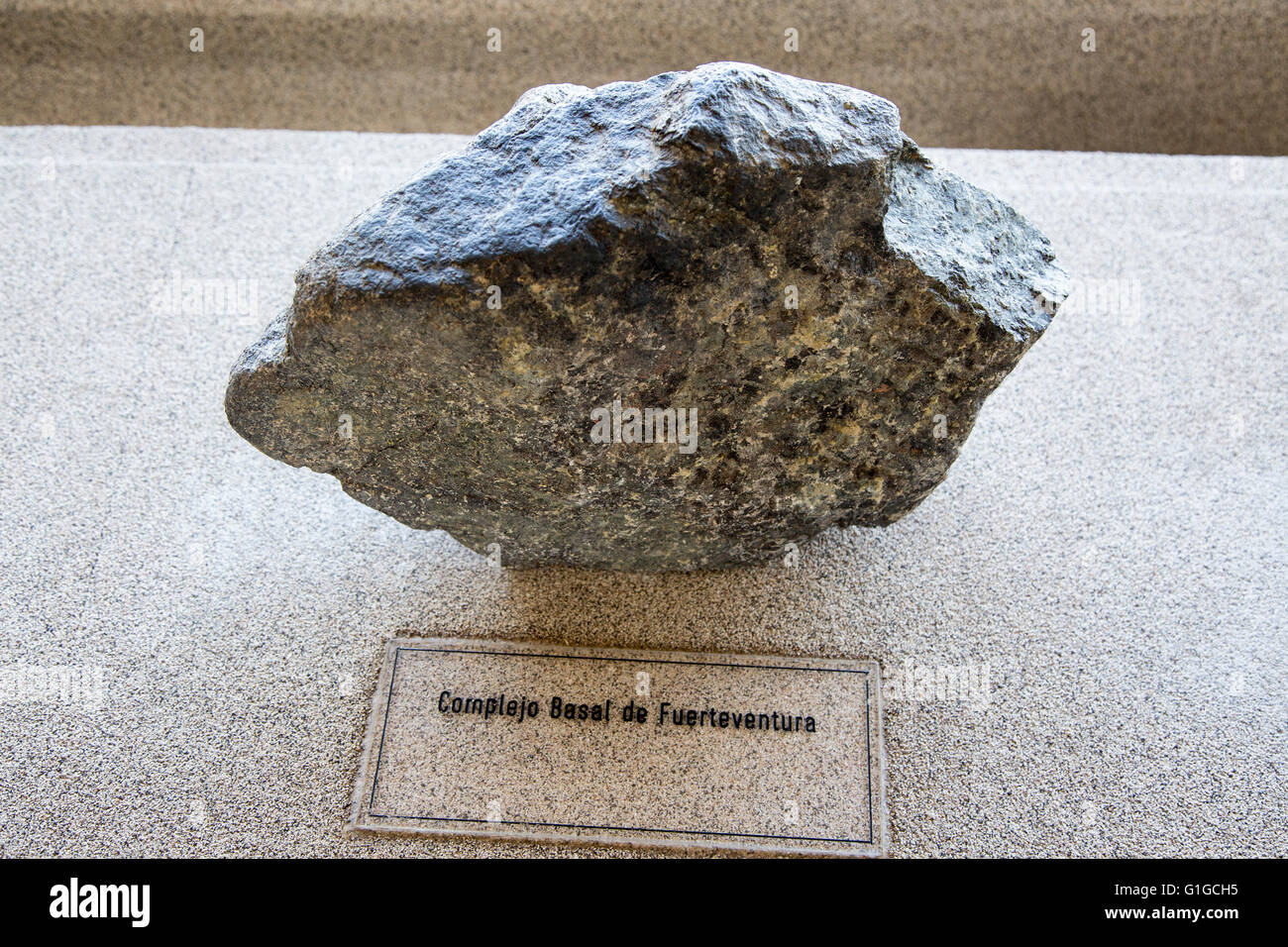 Complex basal rock sample from Fuerteventura, geology display Casa de los Volcanes volcanic study centre, Lanzarote, Stock Photo