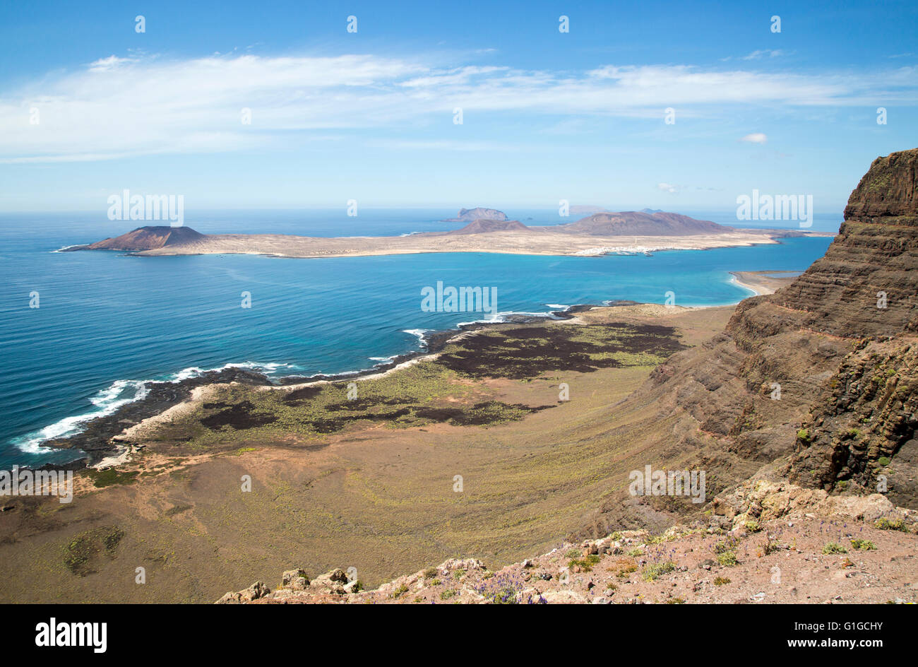 La Graciosa island and El Rio channel,  Chinjo archipelago natural park, Lanzarote, Canary Islands, Spain Stock Photo