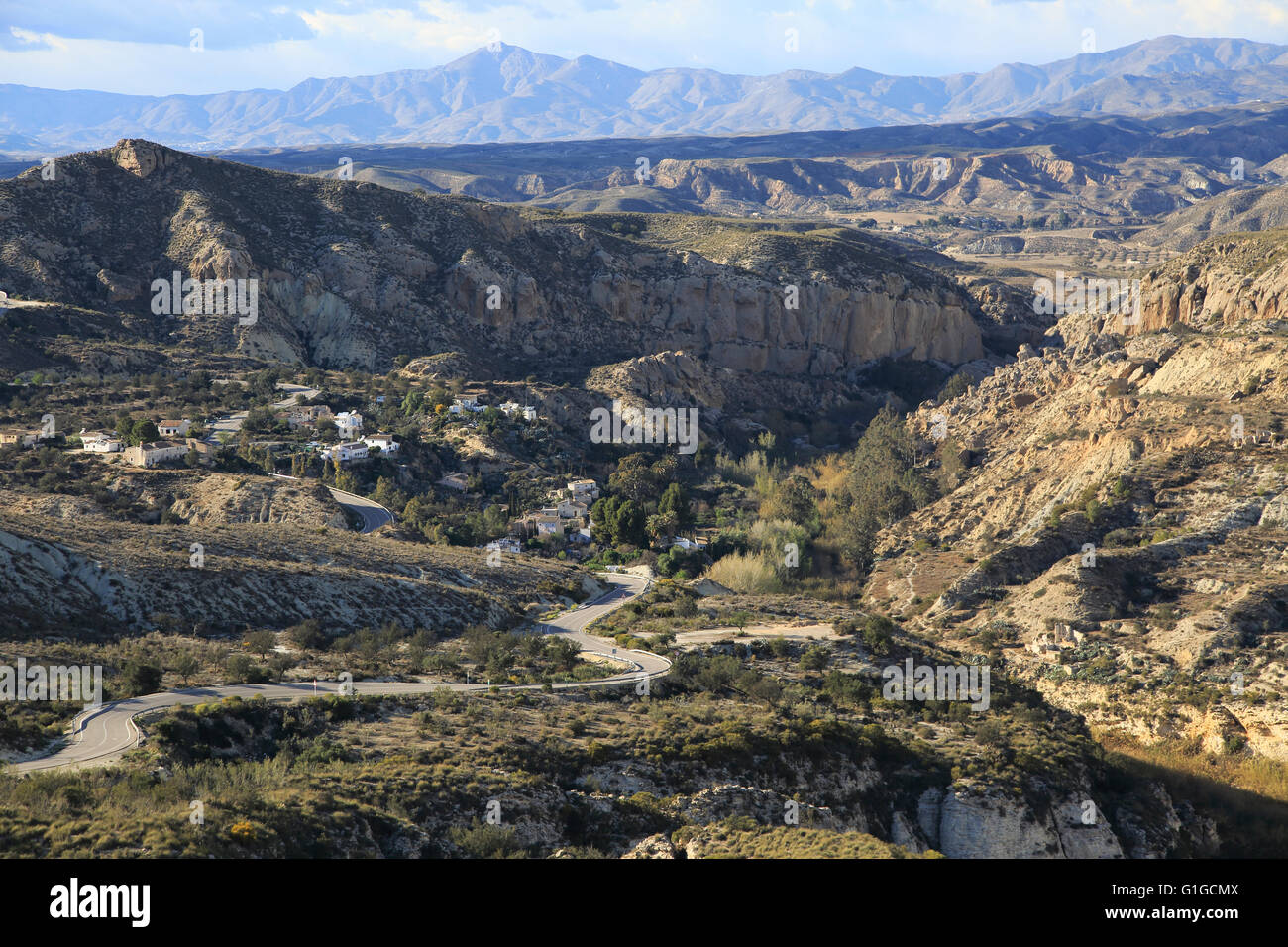 Limestone desert landscape,  Los Molinos del Río Aguas, Paraje Natural de Karst en Yesos, Sorbas, Almeria, Spain Stock Photo