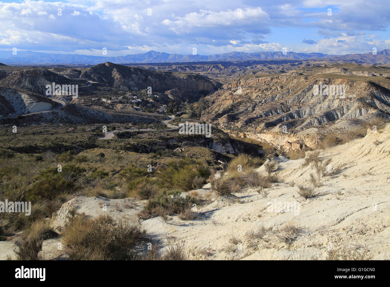 Limestone desert landscape,  Los Molinos del Río Aguas, Paraje Natural de Karst en Yesos, Sorbas, Almeria, Spain Stock Photo