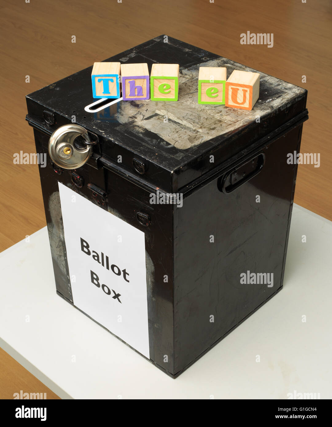 UK ballot box and childs' ABC blocks stating 'The Eu' in reference to the referendum on EU membership for Britain. Stock Photo