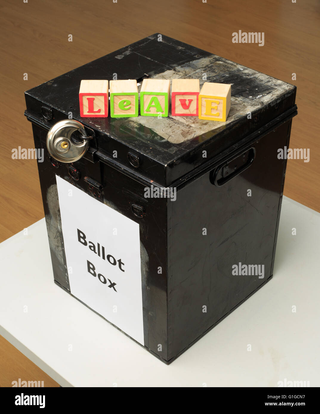 UK ballot box and childs' ABC blocks stating 'Leave' in reference to the referendum on EU membership for Britain. Stock Photo