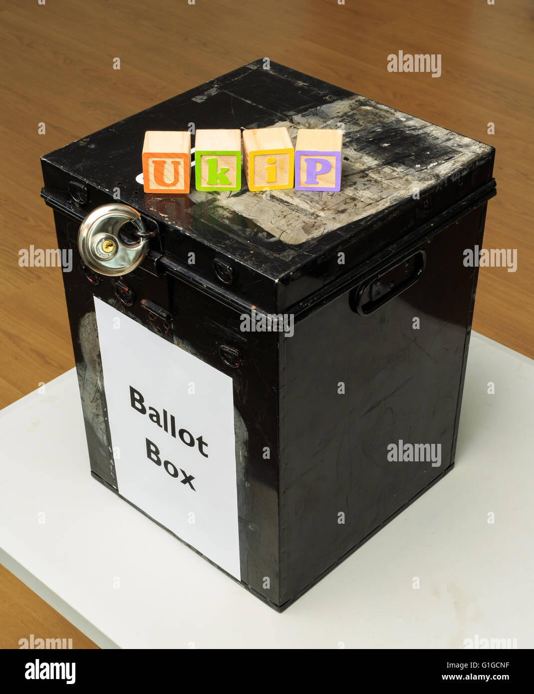 UK ballot box and childs' ABC blocks stating 'Ukip' in reference to British politics. Stock Photo